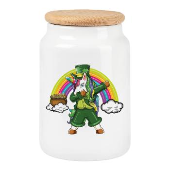 Leprechaun Dabbing Unicorn Arc-en-ciel Lucky Design - Boîte à biscuits avec couvercle en bois - blanc - Devant