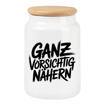 Approach very carefully – during social contacts - Cookie Jar with Wooden Lid - white - Front