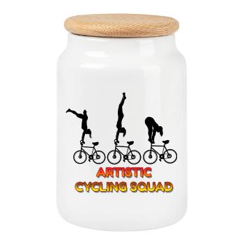 Cyclist Squad Acrobatic Stunt Riders Team Art Fun - Cookie Jar with Wooden Lid - white - Front