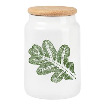 Oak leaf - Cookie Jar with Wooden Lid - white - Front