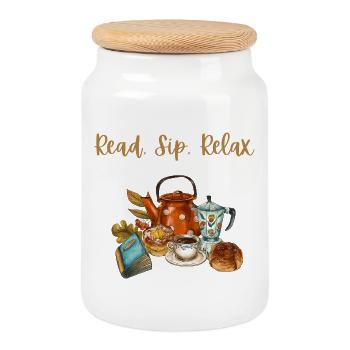 Cozy Autumn Vibe: Read, Sip, & Relax - Cookie Jar with Wooden Lid - white - Front