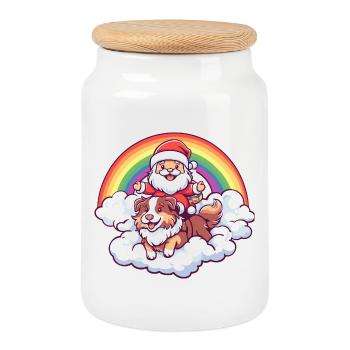 Chien Border Collie Père Noël - Boîte à biscuits avec couvercle en bois - blanc - Devant