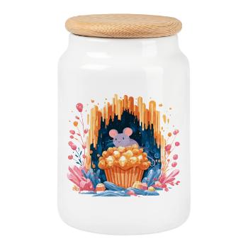Cuddly mouse in the popcorn crater - Cookie Jar with Wooden Lid - white - Front