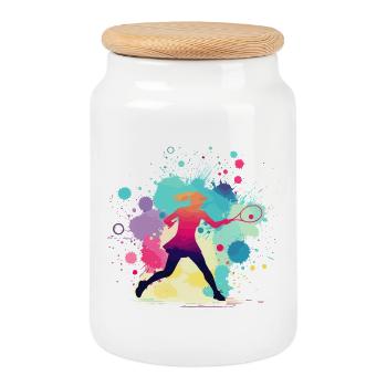 Tennis, Tennis Player Woman, Tennis Graphic - Cookie Jar with Wooden Lid - white - Front