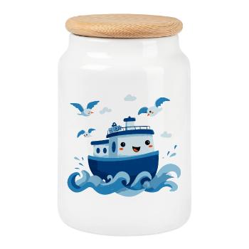 Cheerful Blue Boat at Sea - Cookie Jar with Wooden Lid - white - Front
