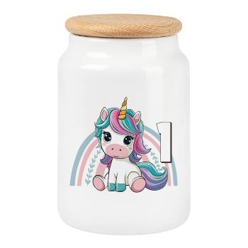 1er anniversaire Licorne Arc-en-ciel Mignon Mignon - Boîte à biscuits avec couvercle en bois - blanc - Devant