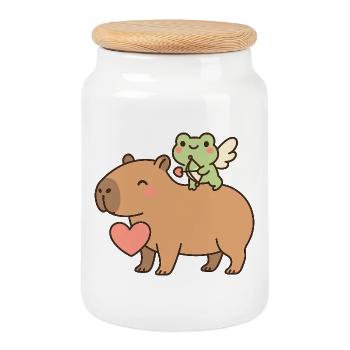 Capybara & Grenouille Cupidon – Motif de la Saint-Valentin - Boîte à biscuits avec couvercle en bois - blanc - Devant