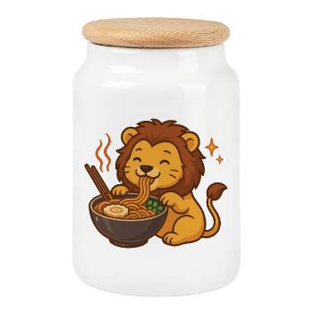 Lion with noodles ramen kawaii lion - Cookie Jar with Wooden Lid - white - Front