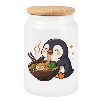 Pingouin aux nouilles, ramen, kawaii manchot - Boîte à biscuits avec couvercle en bois - blanc - Devant