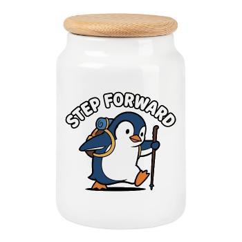 Forward Step Penguin - Cookie Jar with Wooden Lid - white - Front