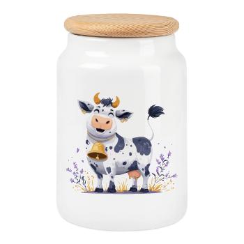 Funny cow with bell - Cookie Jar with Wooden Lid - white - Front