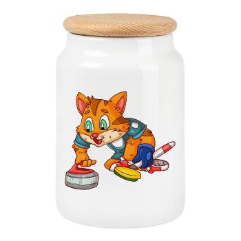 Curling player cat - Cookie Jar with Wooden Lid - white - Front