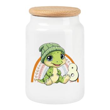 8th Birthday Dinosaur Rainbow Cute Cute - Cookie Jar with Wooden Lid - white - Front