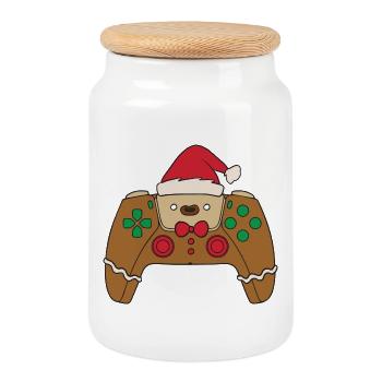 Contrôleur de jeu vidéo en pain d’épices Joueur de Noël - Boîte à biscuits avec couvercle en bois - blanc - Devant