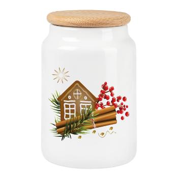 Maison en pain d’épices avec bâtonnets à la cannelle - Boîte à biscuits avec couvercle en bois - blanc - Devant