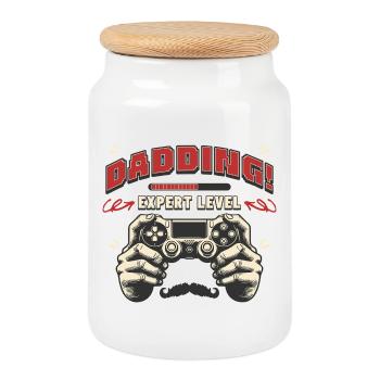 Dad Ding Expert Level | Gamer Dad Apparel & Humor - Cookie Jar with Wooden Lid - white - Front