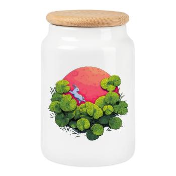 Moonlight Bunny in Leaf Forest - Cookie Jar with Wooden Lid - white - Front