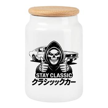 Stay Classic – Skull Art with Japanese Classic Car - Cookie Jar with Wooden Lid - white - Front