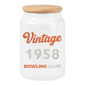 Vintage 1958 – Bowling Club Retro Birth Year - Cookie Jar with Wooden Lid - white - Front