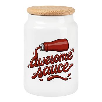 Tolle Soßen-Gießflasche – lustiges Feinschmecker-Design - Keksdose mit Holzdeckel - Weiß - Vorne