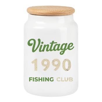 Vintage 1990 – Fishing Club Retro Birth Year - Cookie Jar with Wooden Lid - white - Front