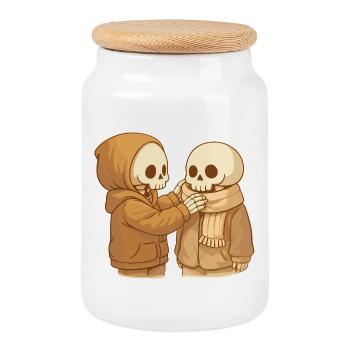 Couple squelette chaleureux – Soins doux dans la vie quotidienne - Boîte à biscuits avec couvercle en bois - blanc - Devant