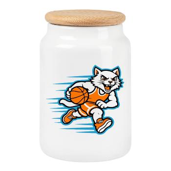 Mascotte Chat Dribbling Rapide de Basketball - Boîte à biscuits avec couvercle en bois - blanc - Devant