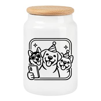 Party Dogs Selfie Hunde Line Art Minimalistisch - Keksdose mit Holzdeckel - Weiß - Vorne