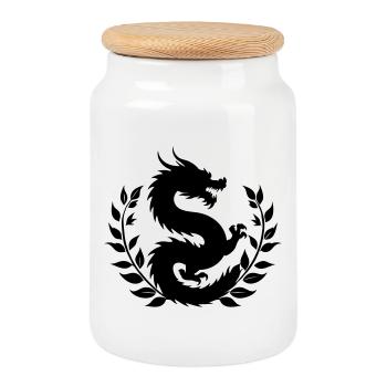 Dragon in a plant wreath – minimalist painting - Cookie Jar with Wooden Lid - white - Front