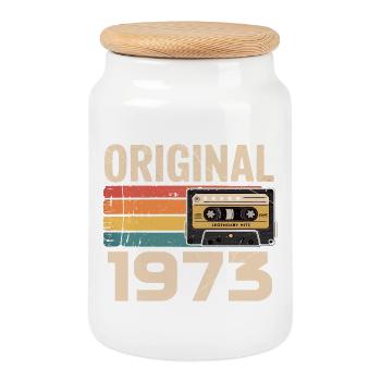 Original 1973 Vintage 1973 Retro Anniversary - Cookie Jar with Wooden Lid - white - Front