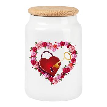 Rose heart with love lock and golden key - Cookie Jar with Wooden Lid - white - Front