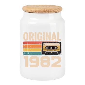 Original 1982 Vintage 1982 Retro Anniversary - Cookie Jar with Wooden Lid - white - Front