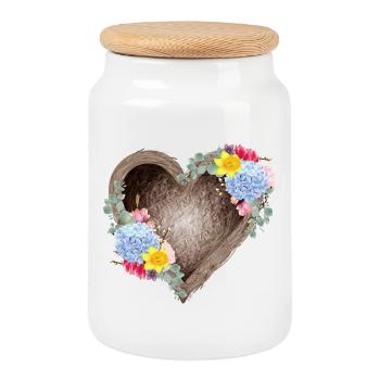 Heart-shaped bird's nest with spring flowers - Cookie Jar with Wooden Lid - white - Front