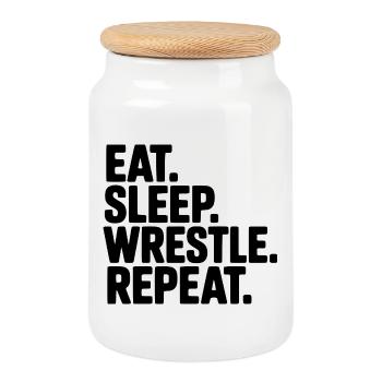 Eat. Sleep. Wrestle. Repeat. - Cookie Jar with Wooden Lid - white - Front