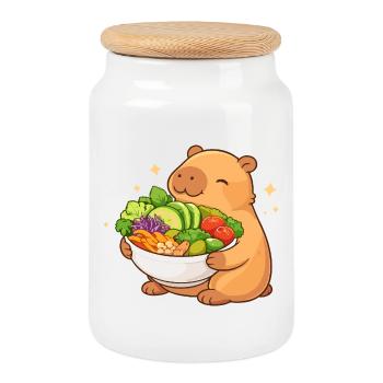 Chubby Capybara with Salad Bowl - Cookie Jar with Wooden Lid - white - Front