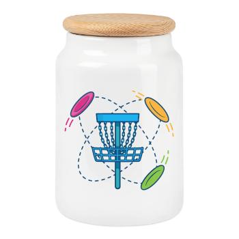 Scène du panier et des disques volants de disc golf - Boîte à biscuits avec couvercle en bois - blanc - Devant