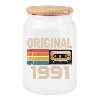 Original 1991 Vintage 1991 Retro Birthday - Cookie Jar with Wooden Lid - white - Front