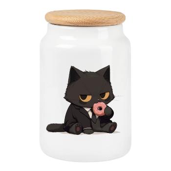 Suit cat with donut - Cookie Jar with Wooden Lid - white - Front
