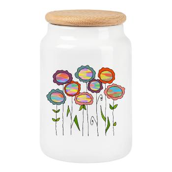 Flowers - Cookie Jar with Wooden Lid - white - Front