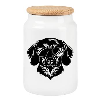 Dachshund Dog Head with Sunglasses - Cookie Jar with Wooden Lid - white - Front