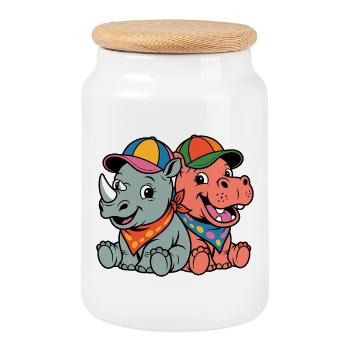 Duo animal avec des casquettes colorées - Boîte à biscuits avec couvercle en bois - blanc - Devant