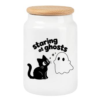 Chat mignon rencontre fantôme | Motif minimal d’Halloween - Boîte à biscuits avec couvercle en bois - blanc - Devant