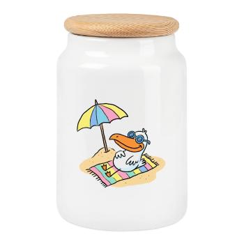 Sun bird on the beach with umbrella - Cookie Jar with Wooden Lid - white - Front