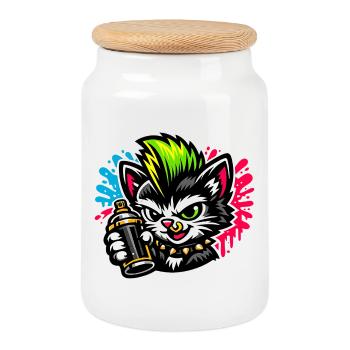 Graffiti Cat Spray Dot - Cookie Jar with Wooden Lid - white - Front