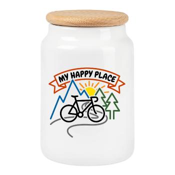Mon Happy Place Vélo Lever du soleil - Boîte à biscuits avec couvercle en bois - blanc - Devant