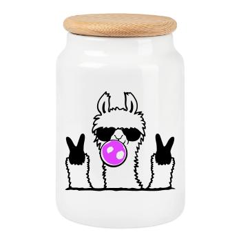 Llama Bubblegum Sunglasses Peace Sign Cool Cute - Cookie Jar with Wooden Lid - white - Front