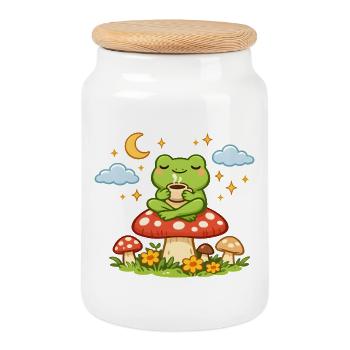 Sweet Coffee Frog on Mushroom– Cozy Night Vibes - Cookie Jar with Wooden Lid - white - Front