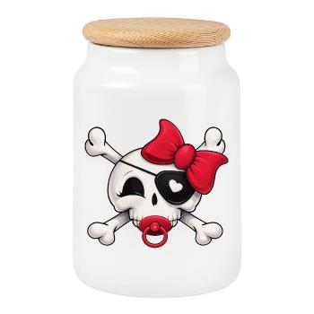 Cute Baby Pirate Skull - Cookie Jar with Wooden Lid - white - Front