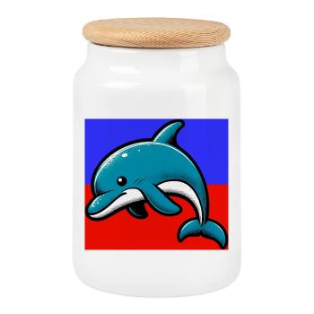 dolphin - Cookie Jar with Wooden Lid - white - Front
