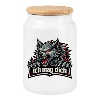 Fenriswolf Spruch – Ich mag dich - Keksdose mit Holzdeckel - Weiß - Vorne